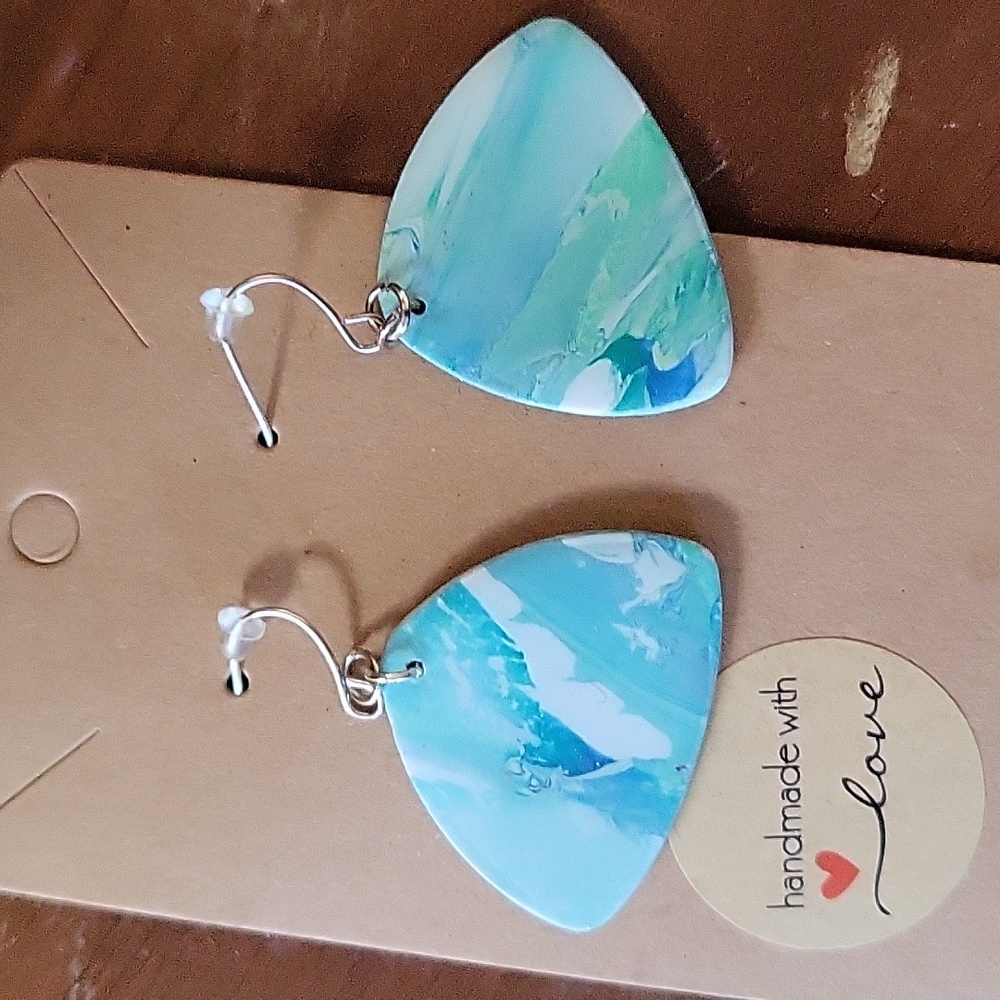 Earrings, blues, greens, white